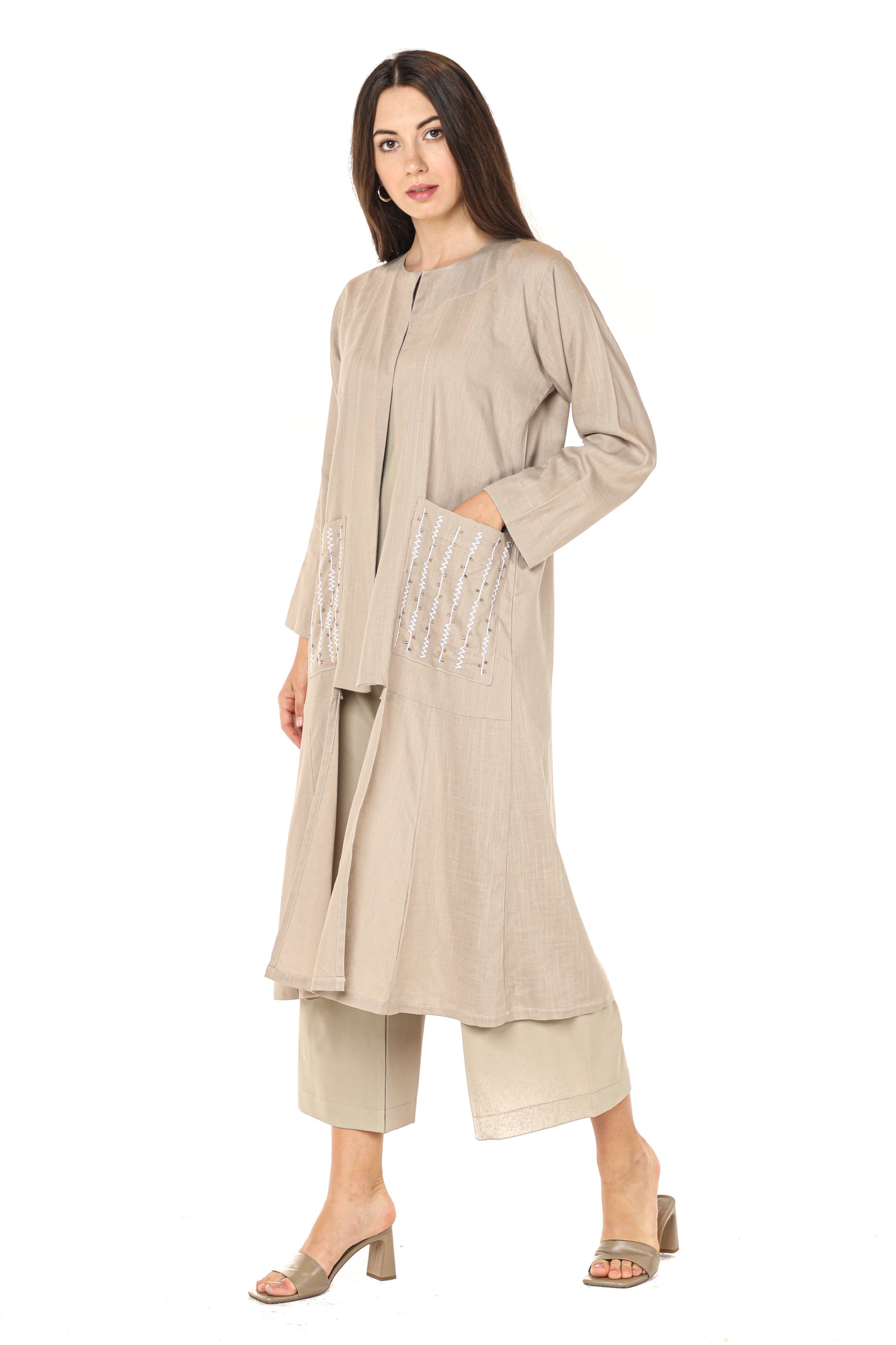 MOiSTREET Beige Embroidered Jacket and Pants with Crepe Top
