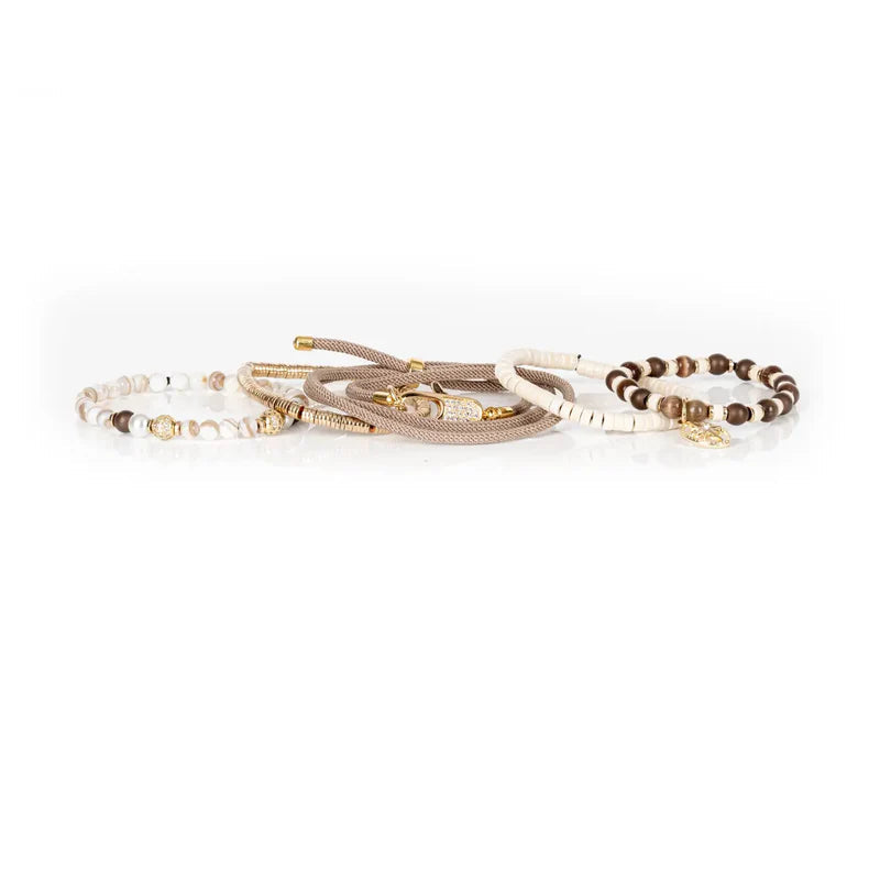 The Dark Ivory & Mocha Beaded Bracelet Stack Gold Compass Charm