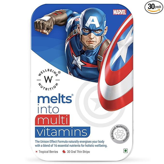 Wellbeing Nutrition Marvel Captain America Melts| فيتامينات متعددة للأطفال بنكهة التوت الاستوائي (30 شريطًا فمويًا)