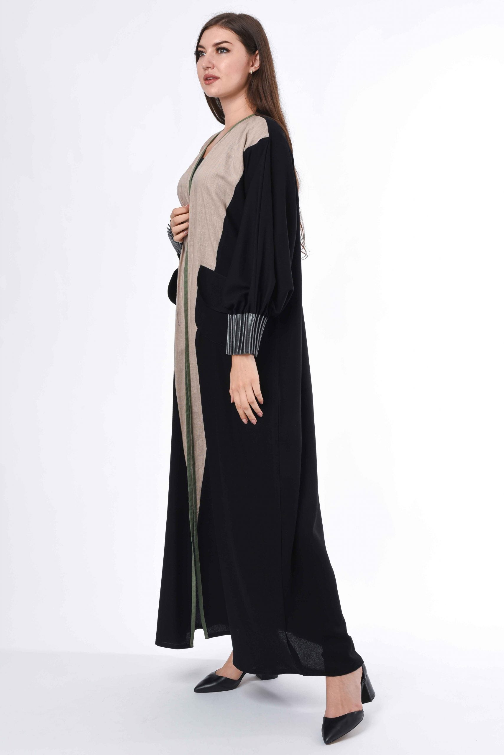 MOiSTREET Black Abaya with Contrast Panels and Pleated Sleeves