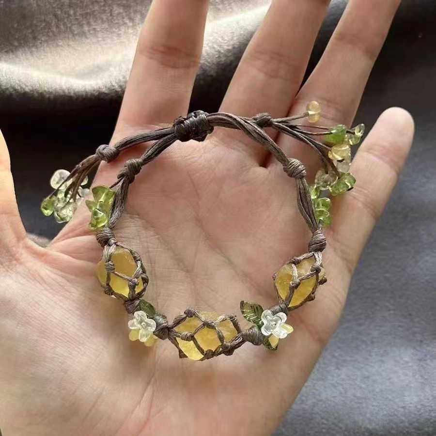Crystal Adjustable Bracelets Women DIY Raw Stone Weaving Hand Rope Osmanthus Fluorit