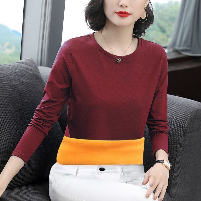 Thickened Round Neck Long Sleeve Warm Base T-Shirt For Women