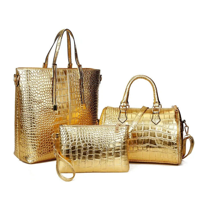 3-Piece Women's PU Handbag Set, Croc Tote, Satchel and Crossbody Clutch