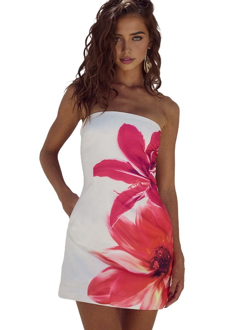 Women Sexy Strapless Floral Print Bodycon Mini Bodycon Dress for Beach Party