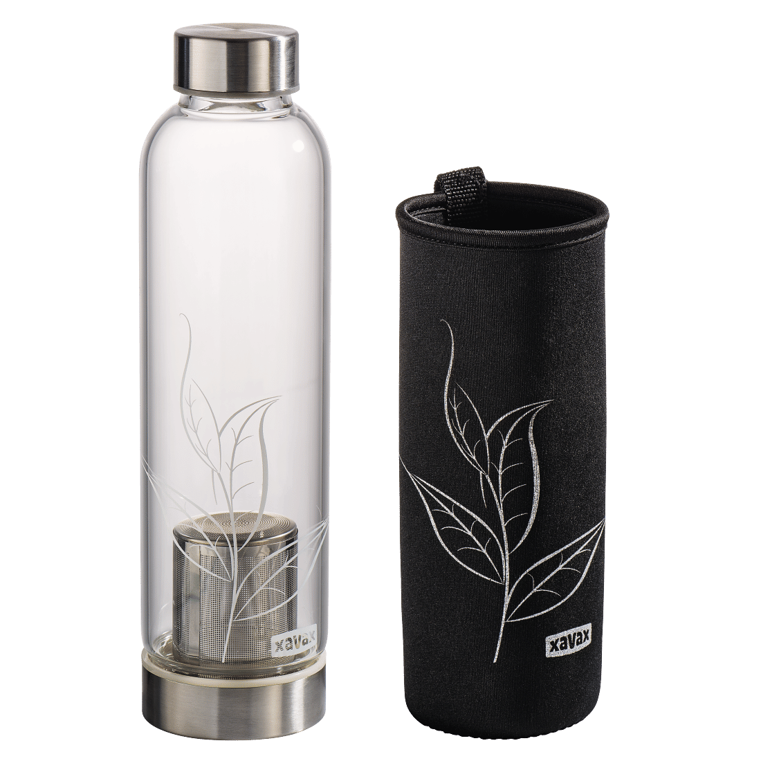 XAVAX 111233 Glass Drinking Bottle with Sieve and Neoprene Sleeve, 500 ml, black