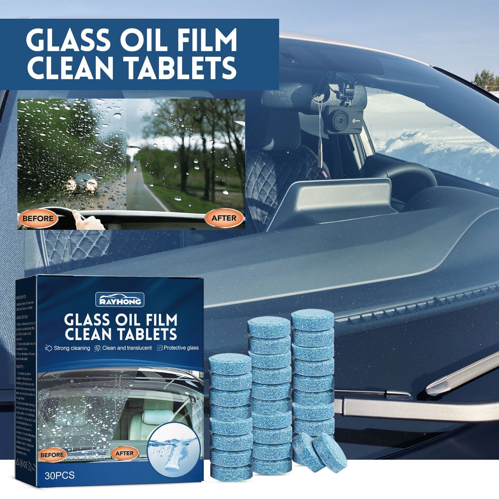 Concentrated Cleaning Tablet for Car Windshield, Rainproof, Anti-Fog, Easy Shine ,30pcs