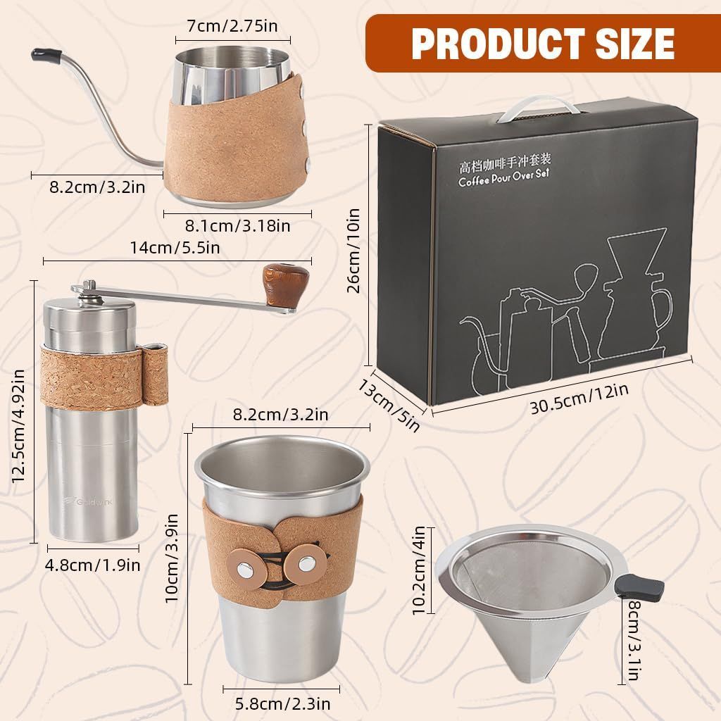 4Pcs Pour Over Coffee Gift Set Classic Stainless Steel Pour Over Coffee Kit Camping Coffee Brewing Kit