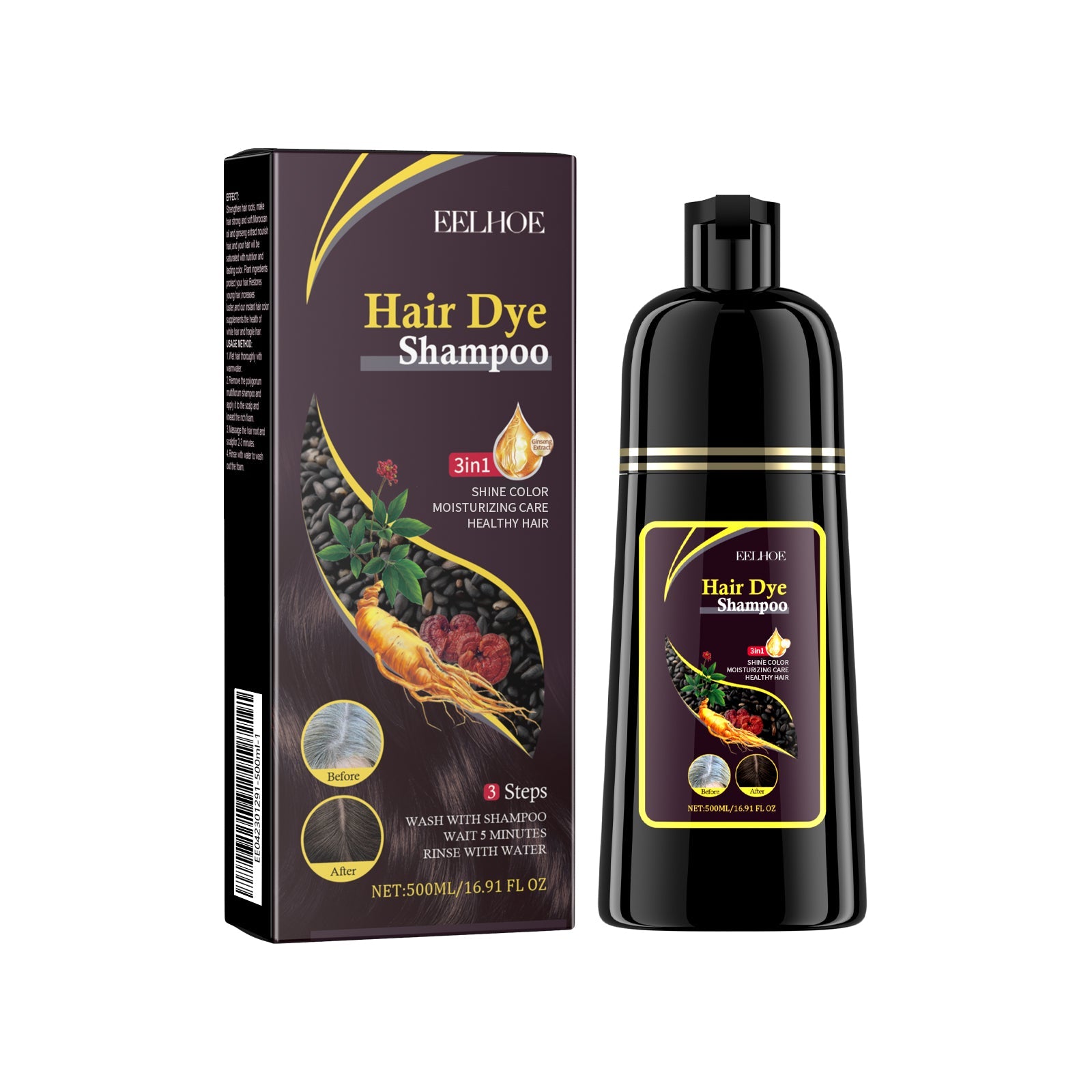 Natural Black Hair Shampoo, Repair & Nourish, Anti-Dandruff, Hairdressing Solution ,500ml
