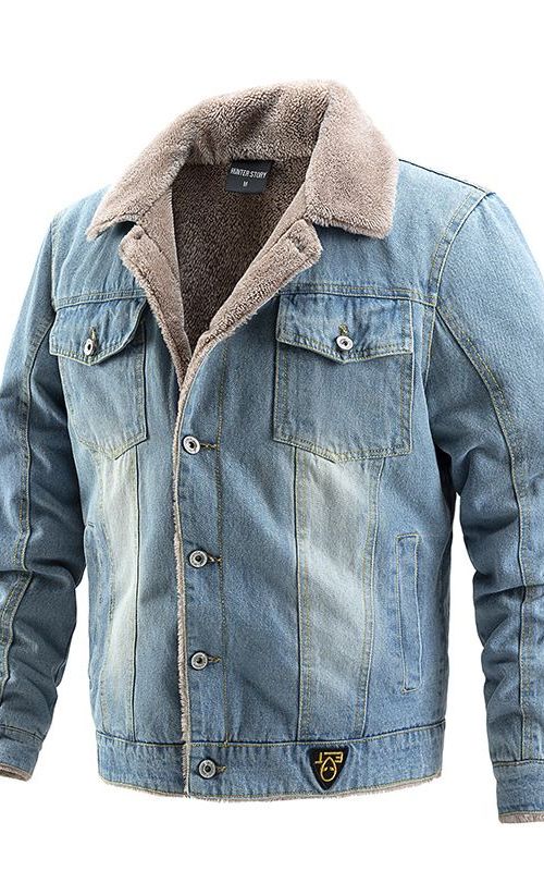 Winter Warm Denim Jacket Fleece Lined Jean Coat Fur lapel Collar Trucker Jacket For Men