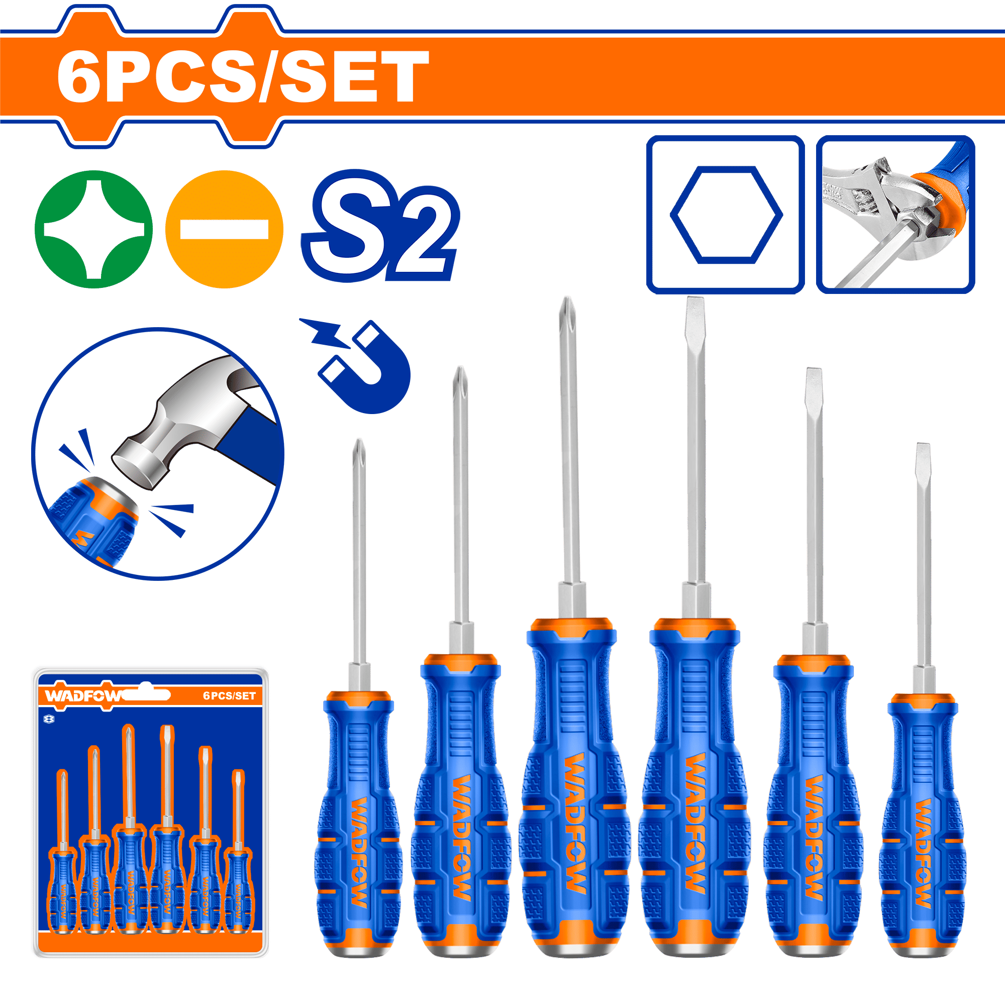 WADFOW 6 Piece Go-Through Screwdriver Set, S2 Steel, Hex Shank, Magnetic Tips, SL & PH, Double Blister