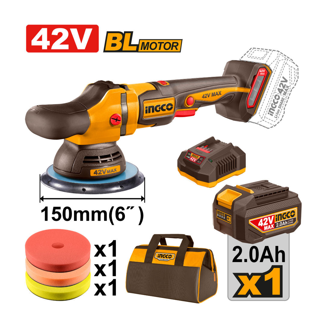 INGCO Cordless Polisher, 2000:4500rpm, Ø150mm Pad, Brushless Motor