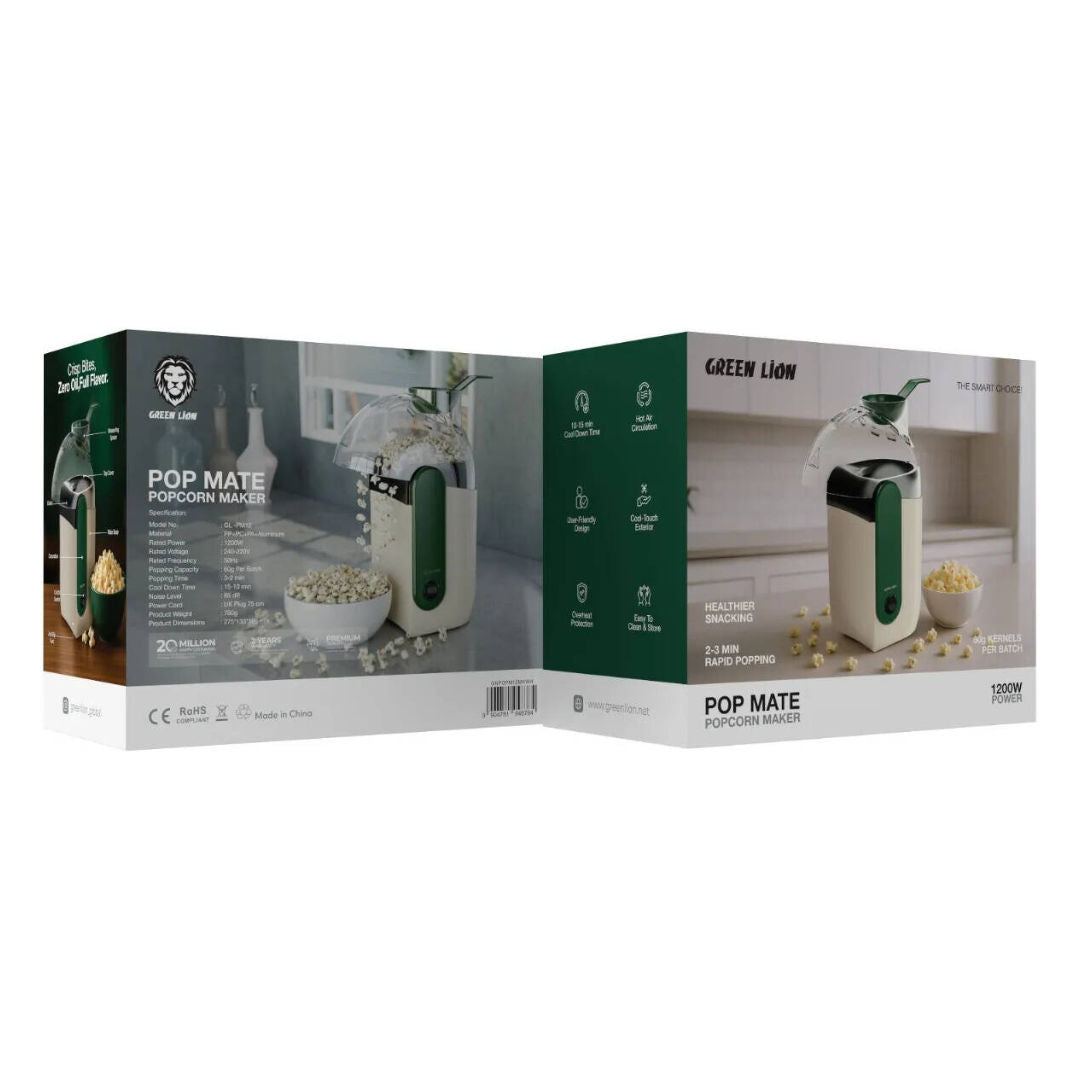 Green Lion Pop Mate Popcorn Maker 1200W, Hot Air Oil-Free Popcorn Machine, White