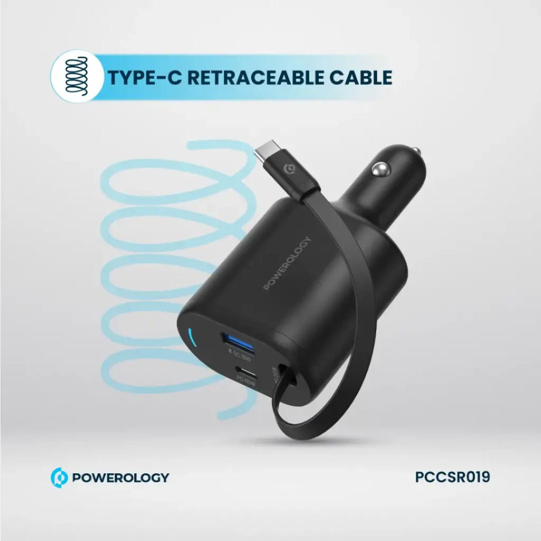 Powerology Type-C Retractable Car Charger 103W, Black