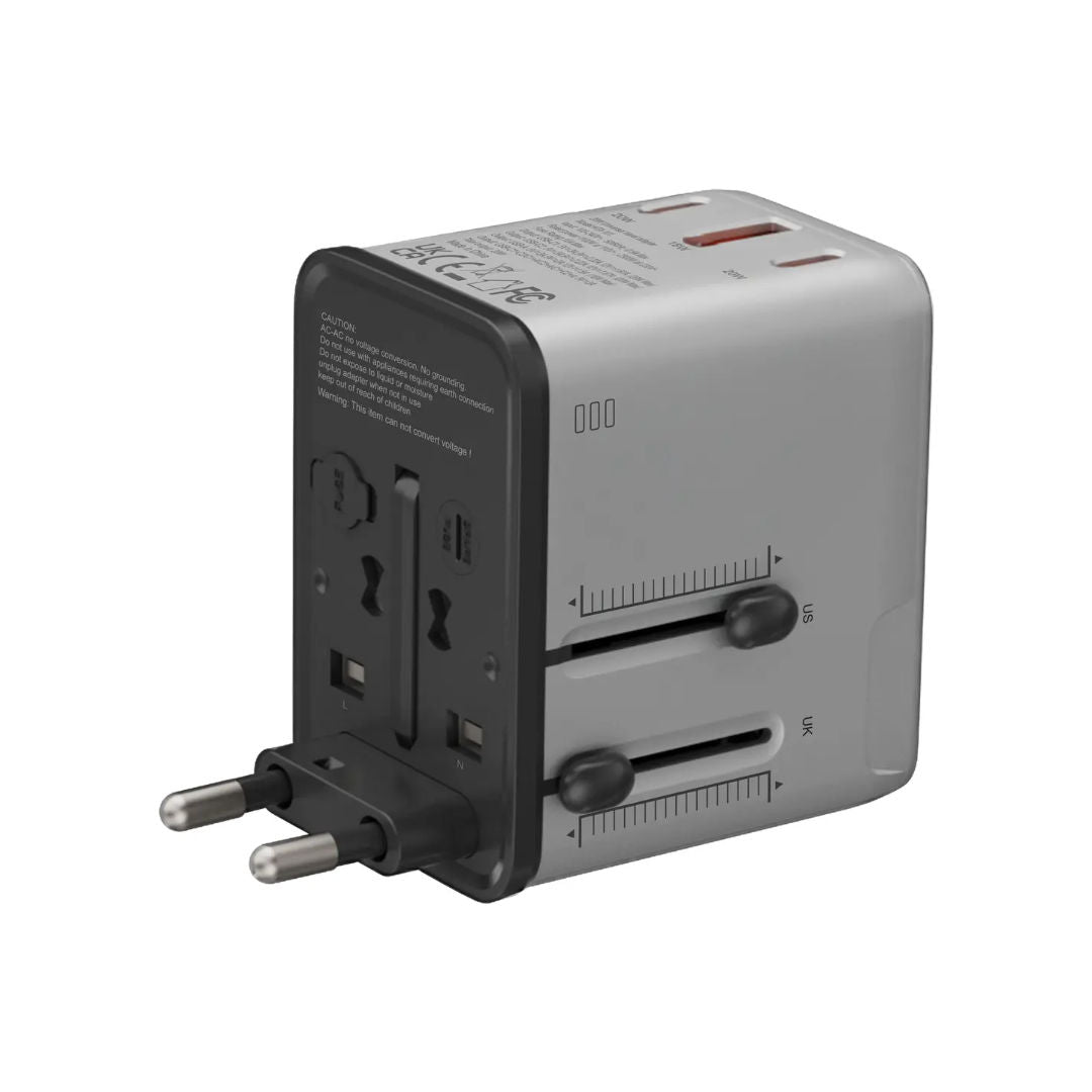 Porodo Mega Volt Universal Travel Adapter, 20W USB-C + USB-A, EU/UK/US Plugs, Silver/Black