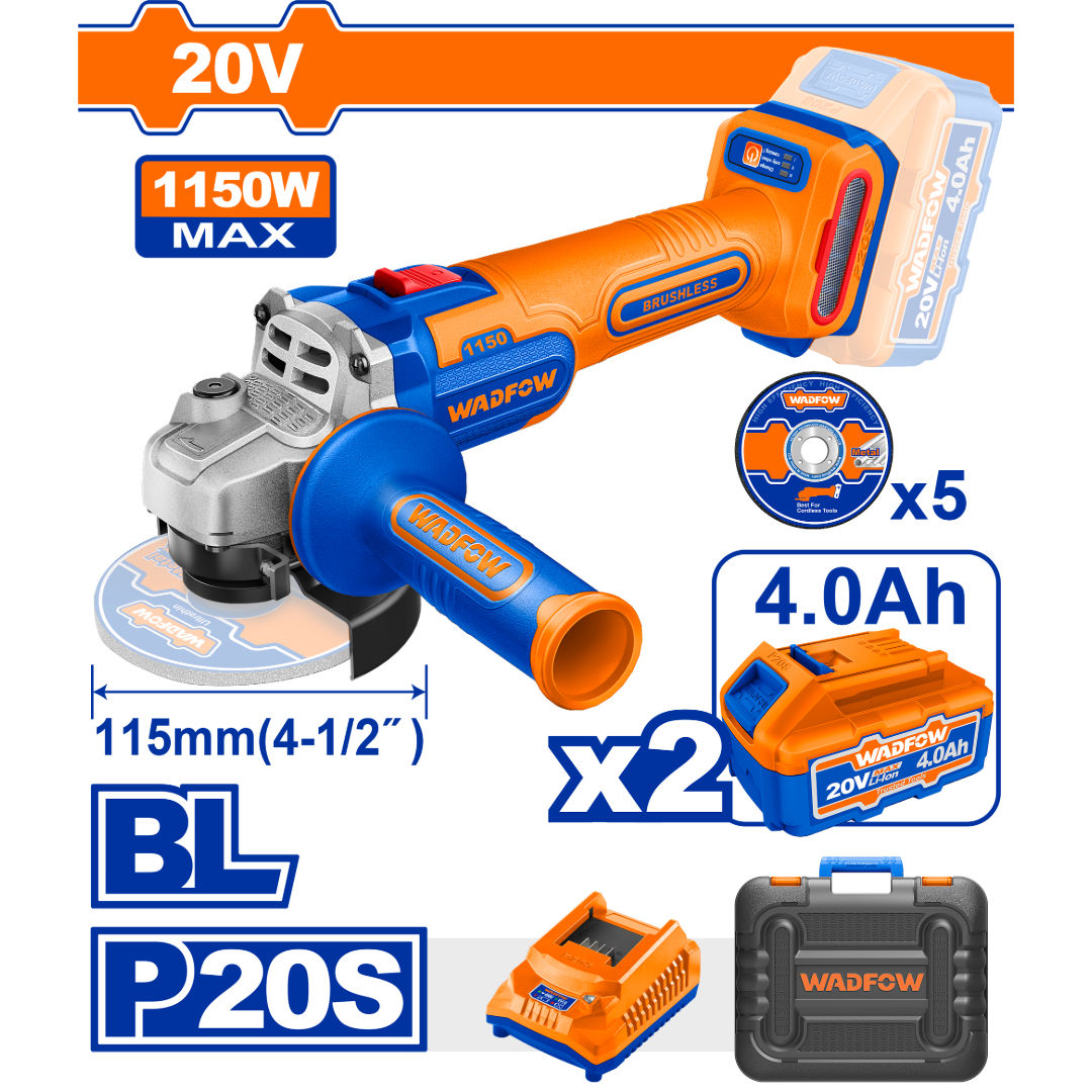 مطحنة زاوية لاسلكية WADFOW 20 فولت، بدون فرش، قرص Ø115 مم، عمود دوران M14