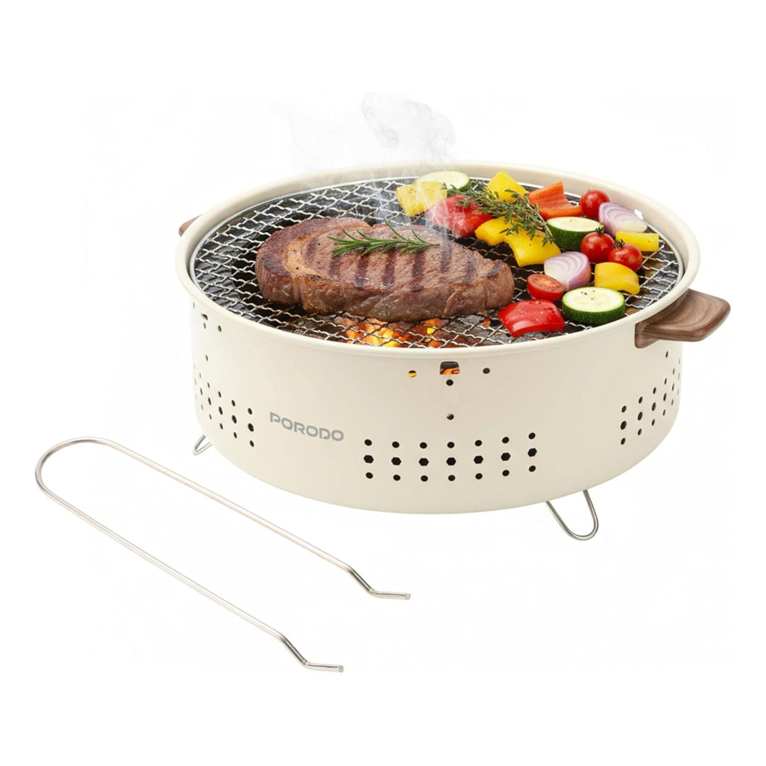 Porodo Lifestyle Camping Mini Outdoor Round BBQ/Charcoal Grill, Light Brown