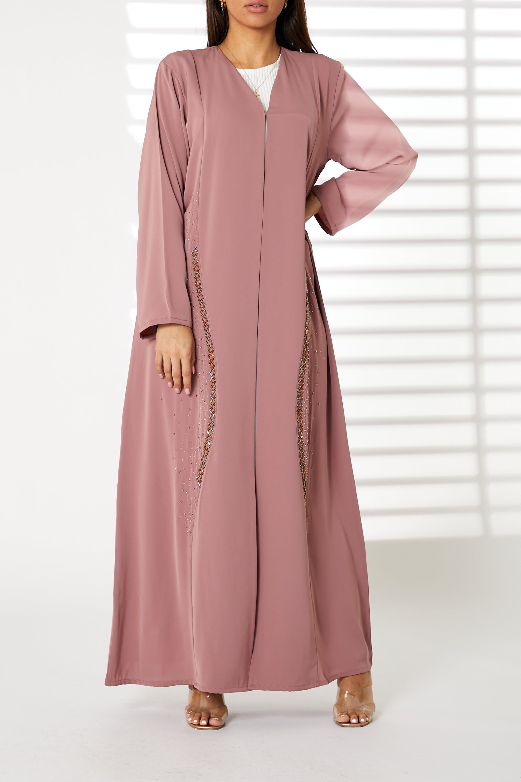 MOiSTREET Pink Nida Embroidered Open Abaya