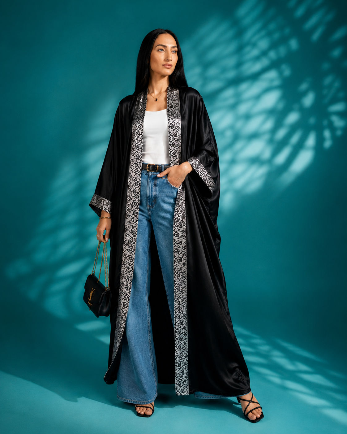 Tendresse Boutique Black Silk Abaya with Calligraphy Embroidery