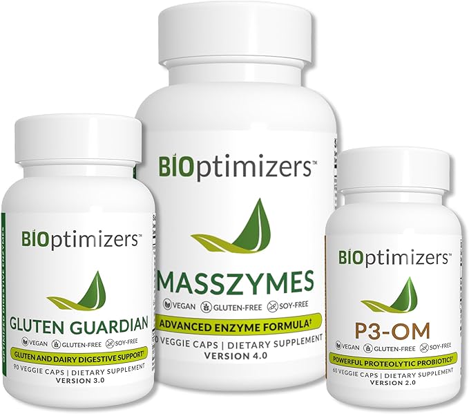 مجموعة BiOptimizers الكاملة لصحة الأمعاء - تخفيف الانتفاخ وتحقيق التوازن الهضمي - P3-OM، Gluten Guardian، MassZymes (270 كبسولة)