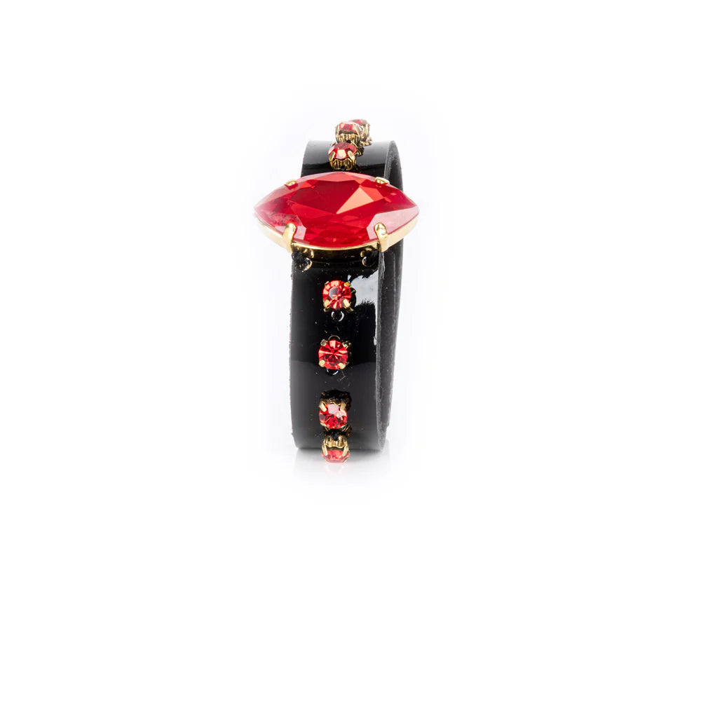 The Dark Black Leather Crystal Cuff Bracelet with Large Red Stone