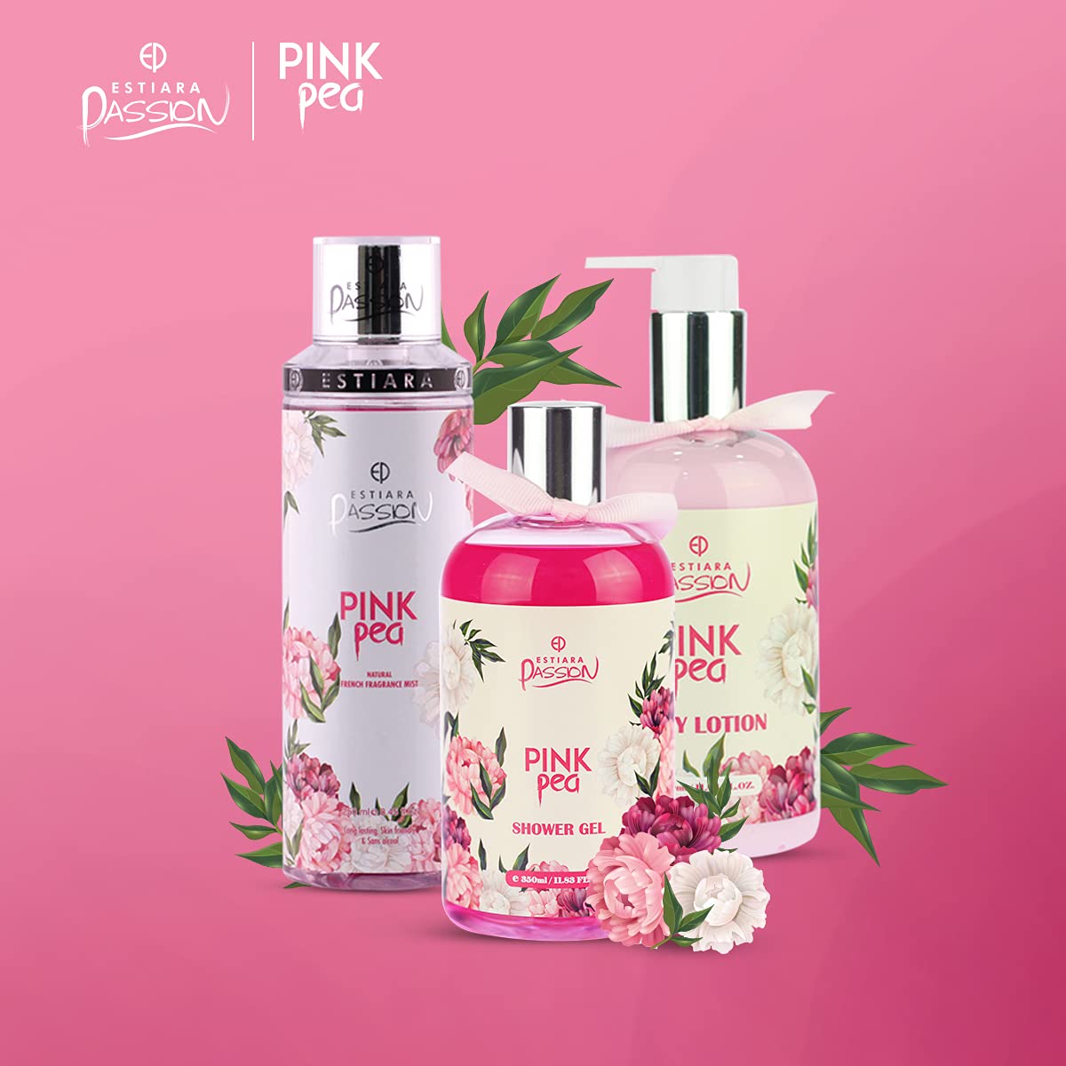 Estiara Passion Pink Pea Bath & Body 3 Piece Gift Set For Women (Body Lotion 350ml + Shower Gel 350ml + Fragrance Mist 250ml)