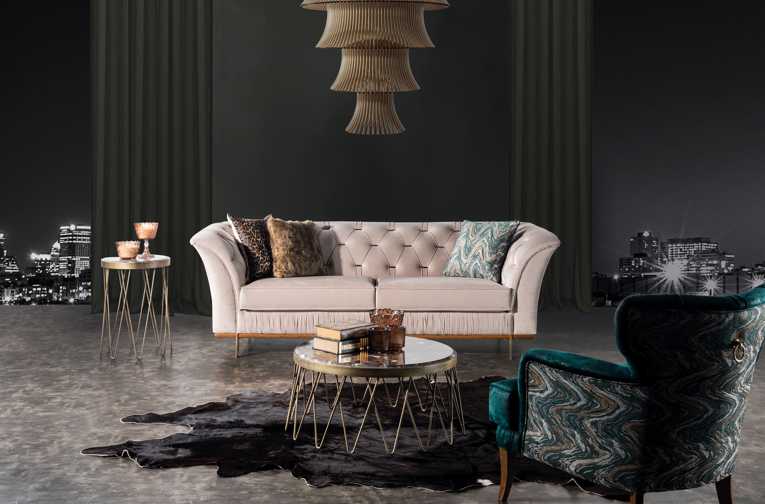 Leopar Chesterfield Velvet Living Room Set