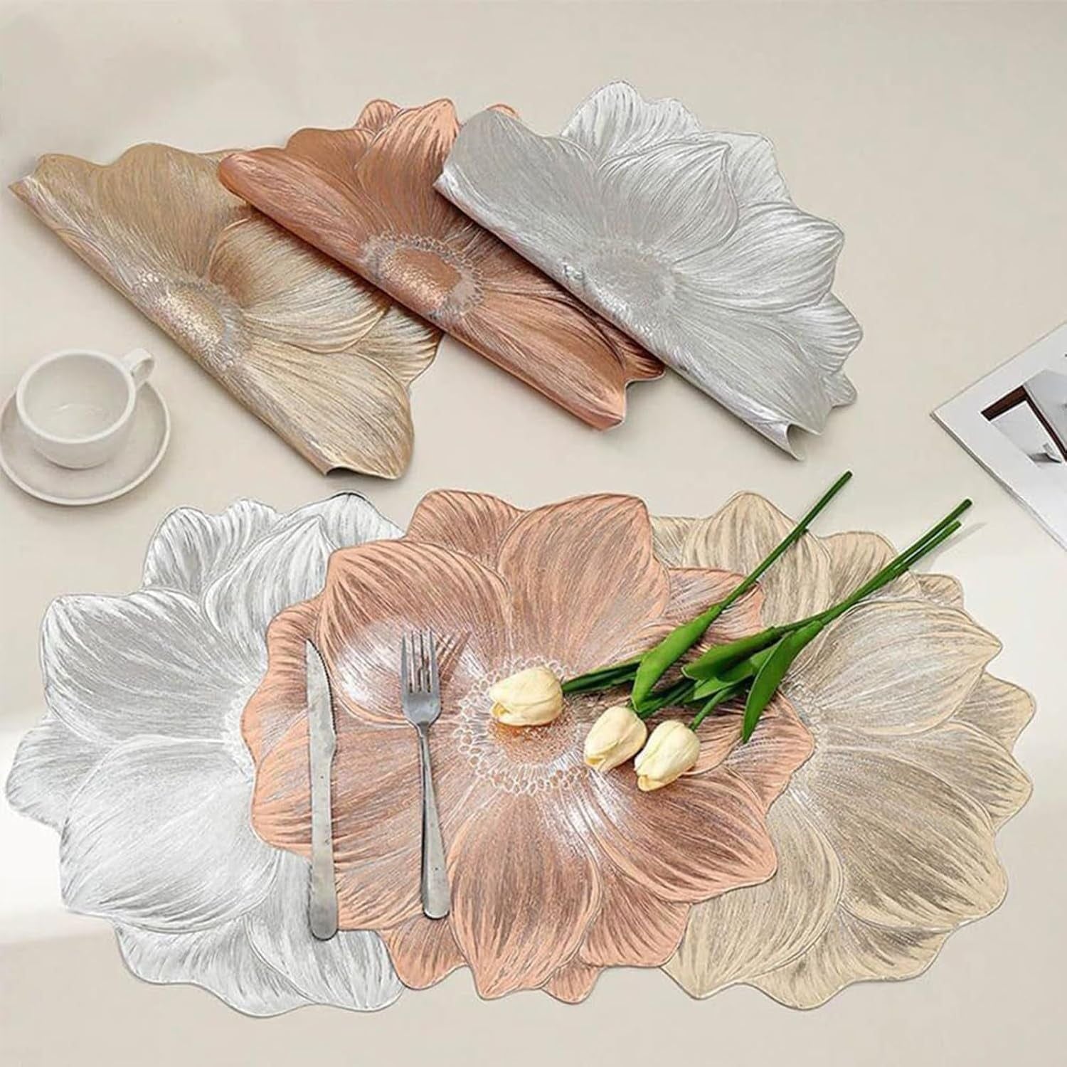 6 Pack Creative Flower PVC Placemat 3D Floral Design Placemats Heat-Resistant Place Mats