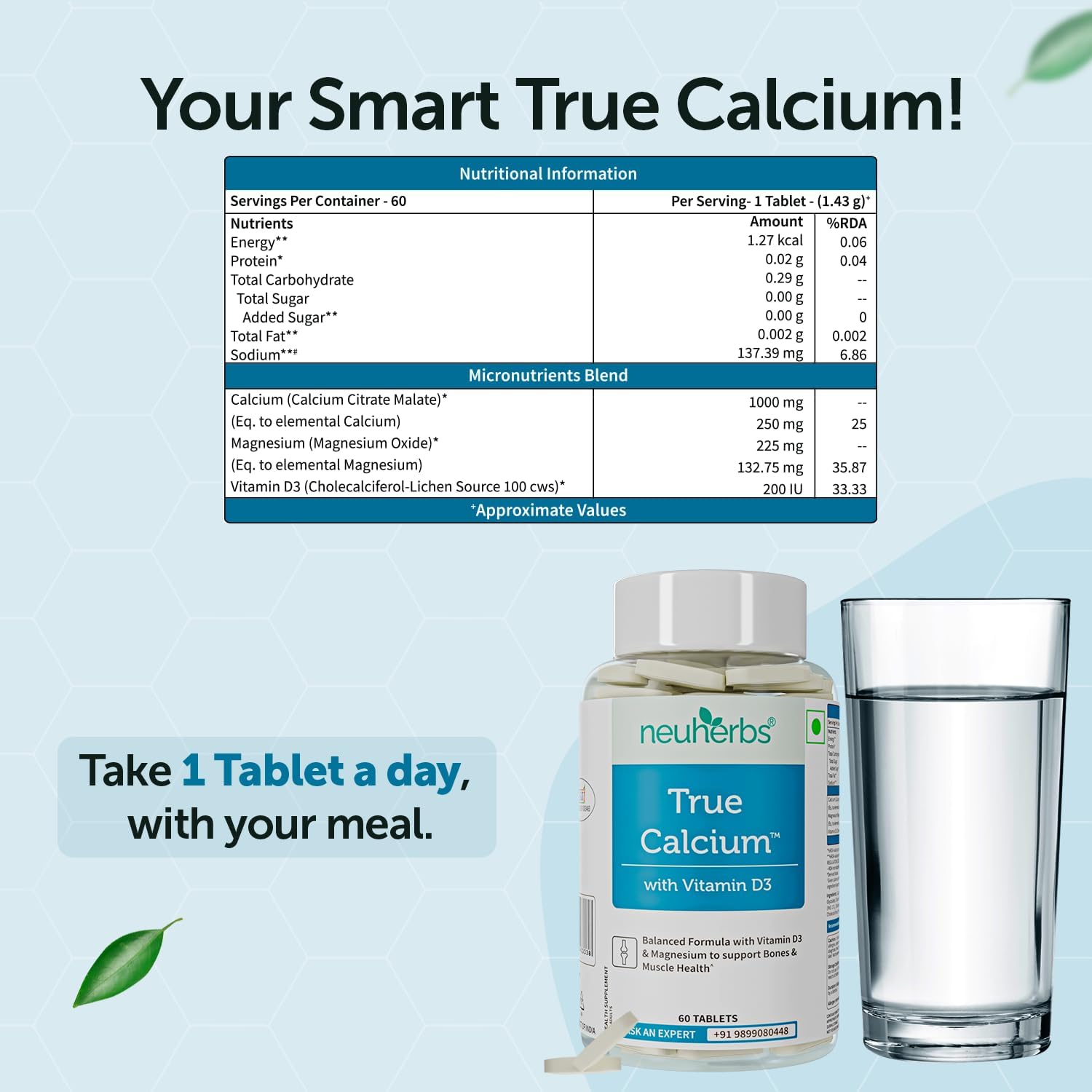 Neuherbs True Calcium 1000mg Supplement For Men & Women- 60 Vegan Tablets