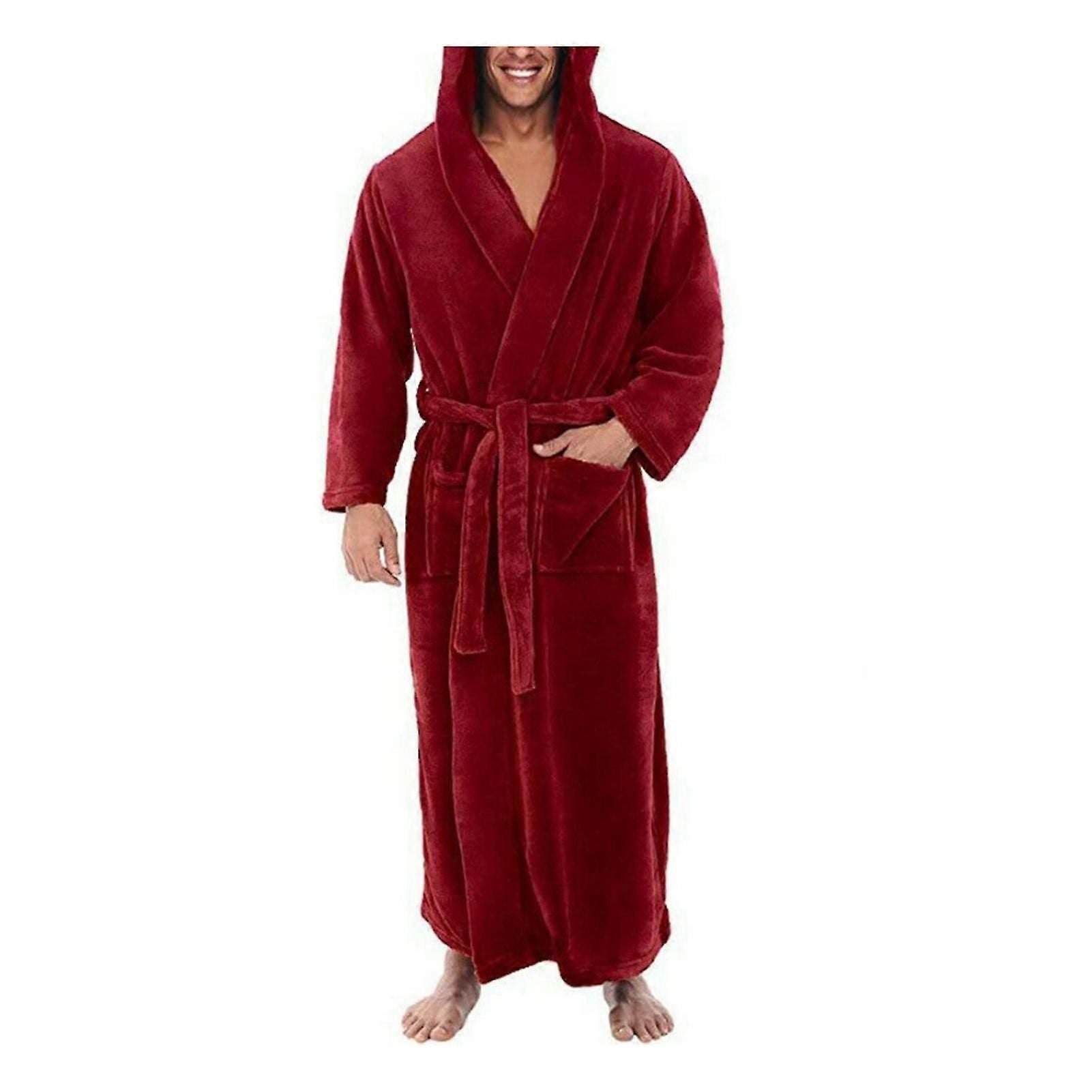 Men Soft Coral Fleece Solid Color Pockets Long Bath Robe Home Gown Sleepwear zxin