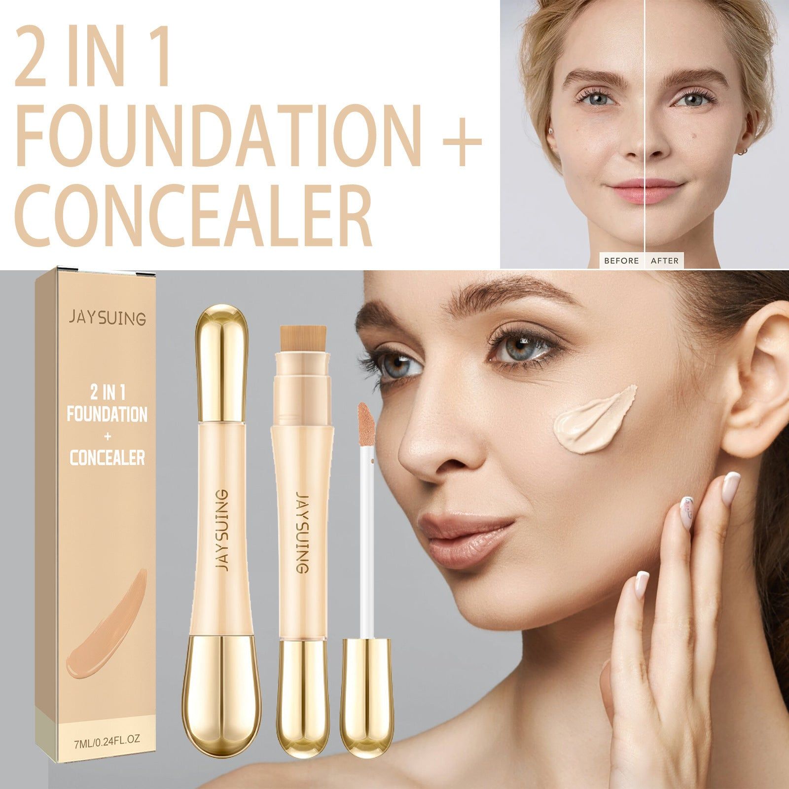 2 in 1 Foundation Concealer, Long Lasting Makeup, Blemish Cover, Natural Glow ,7ml