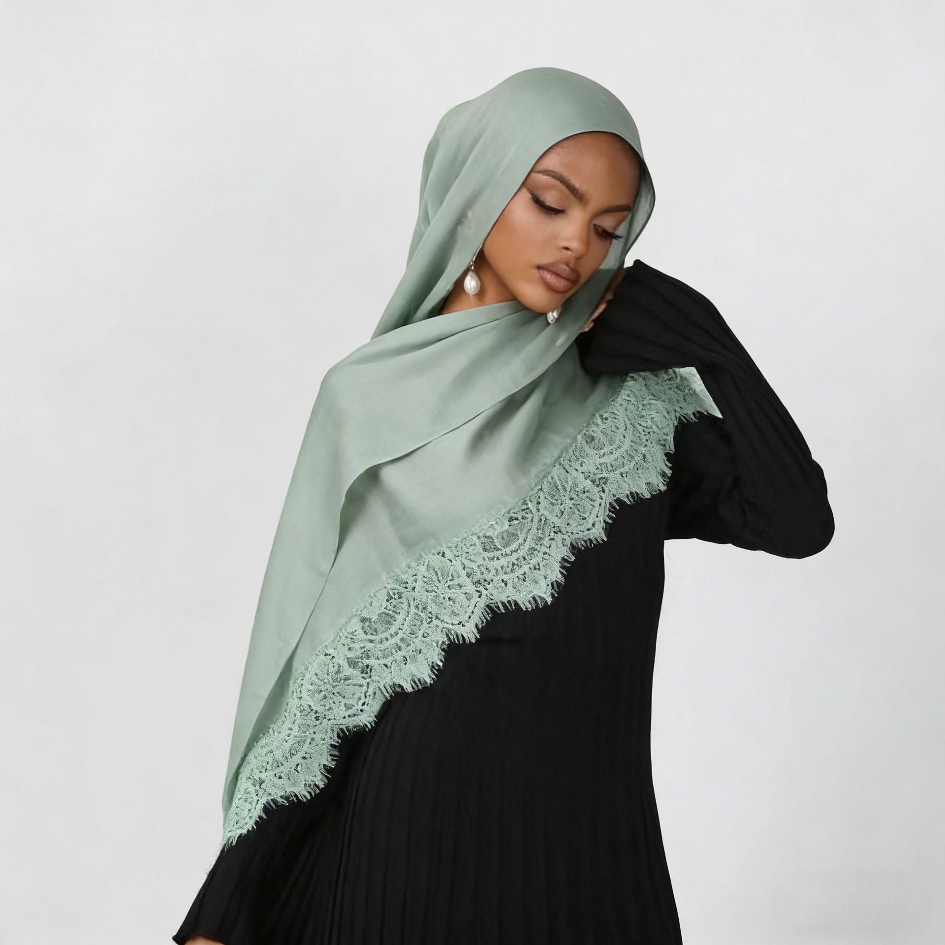 Black Cotton Lace Patchwork Hijab Scarf for Women