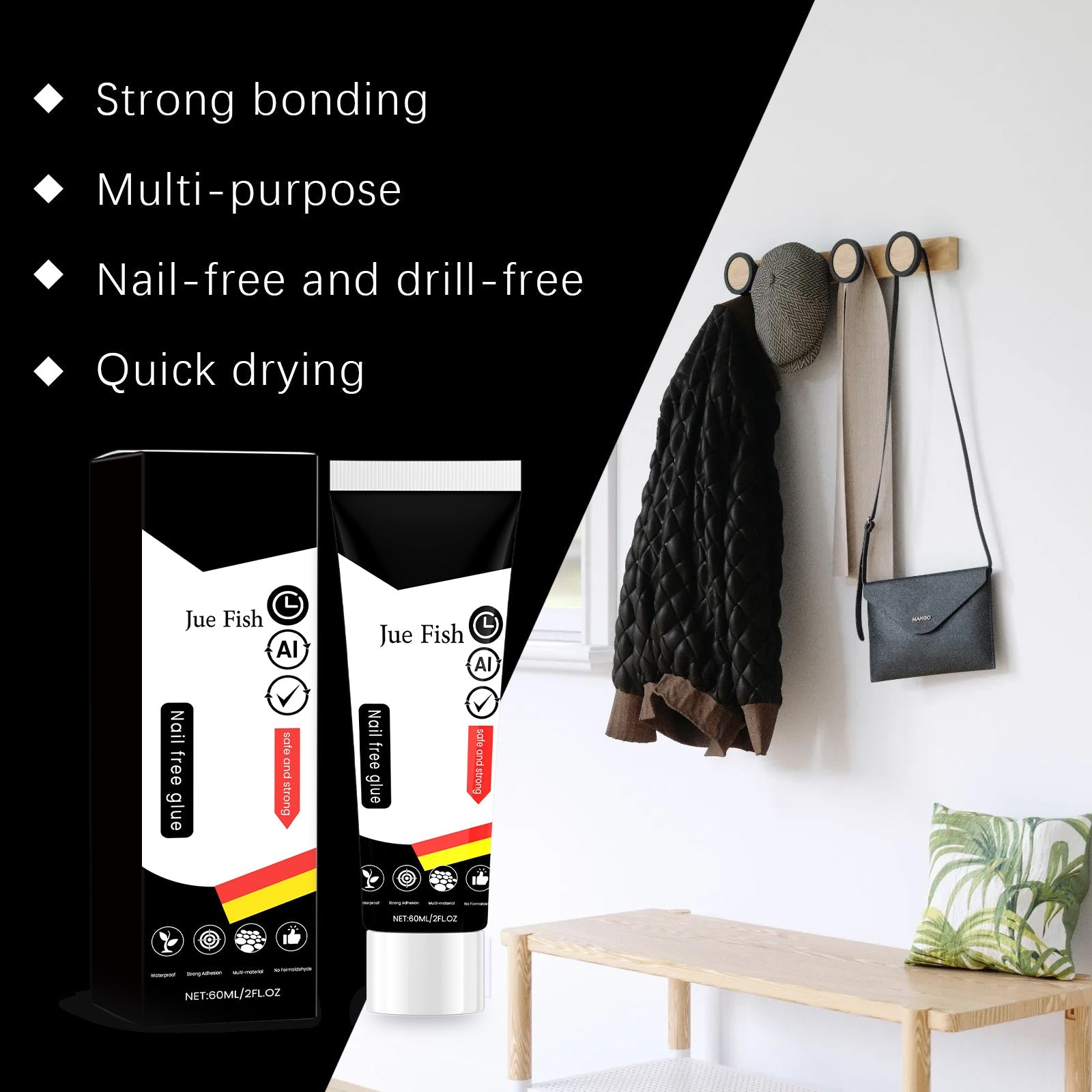 Nail Free Glue, Fast-Drying Strong Adhesive for Home Decor, No Drilling Needed ,60ml