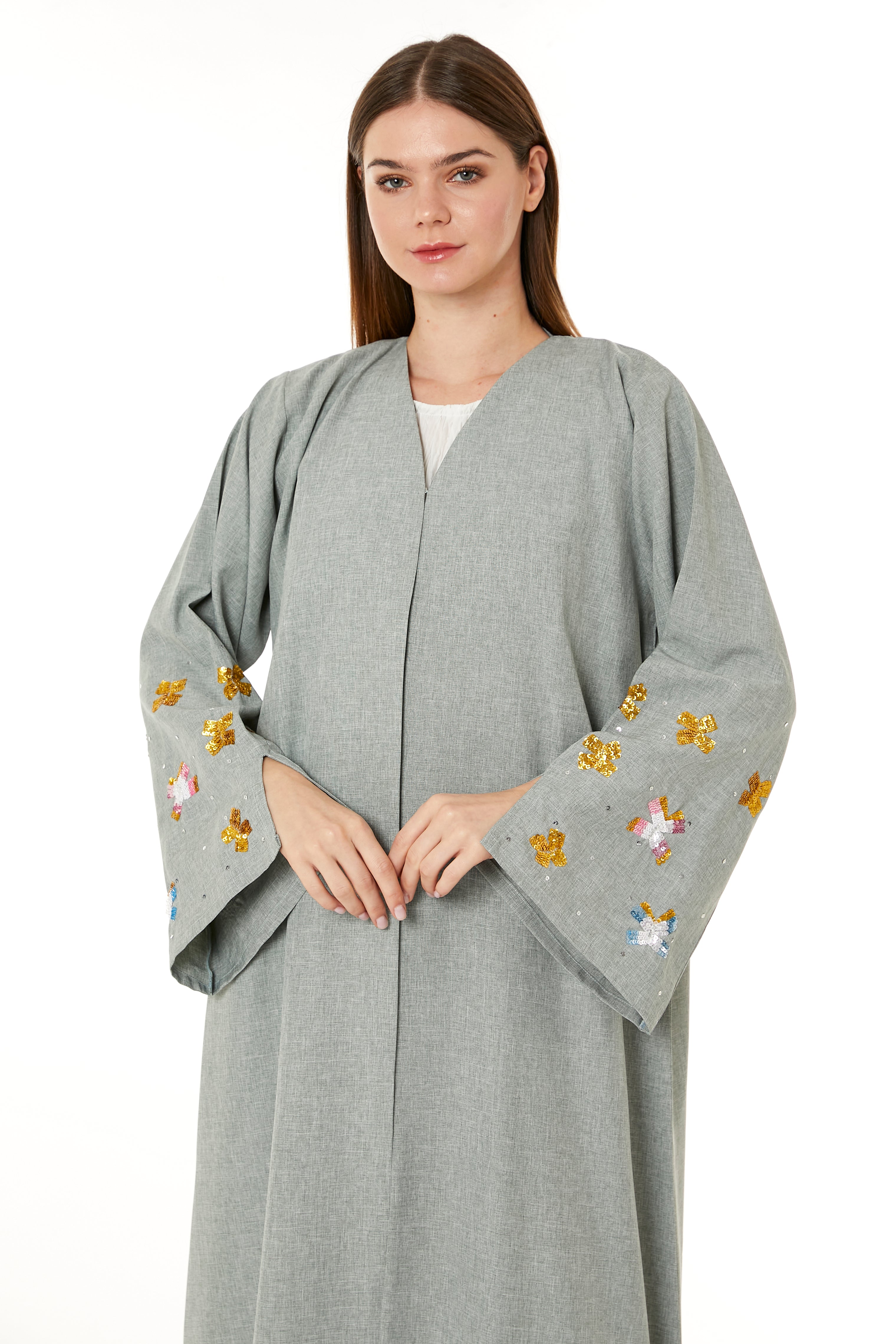 MOiSTREET Grey Melange Embroidered Abaya