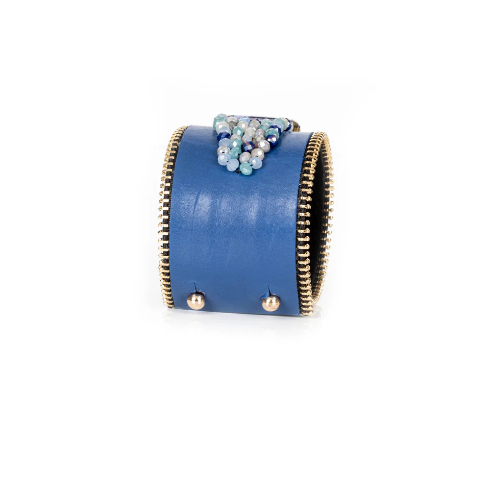 The Dark Azure Cascade Cuff Blue Leather Crystal Drop Statement Bracelet