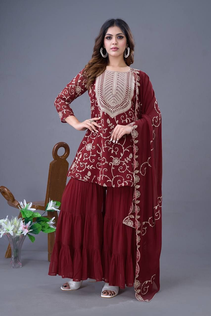 Fab Zone Designer Party Wear Look Top-Sharara And Dupatta With Heavy Embroidery Work