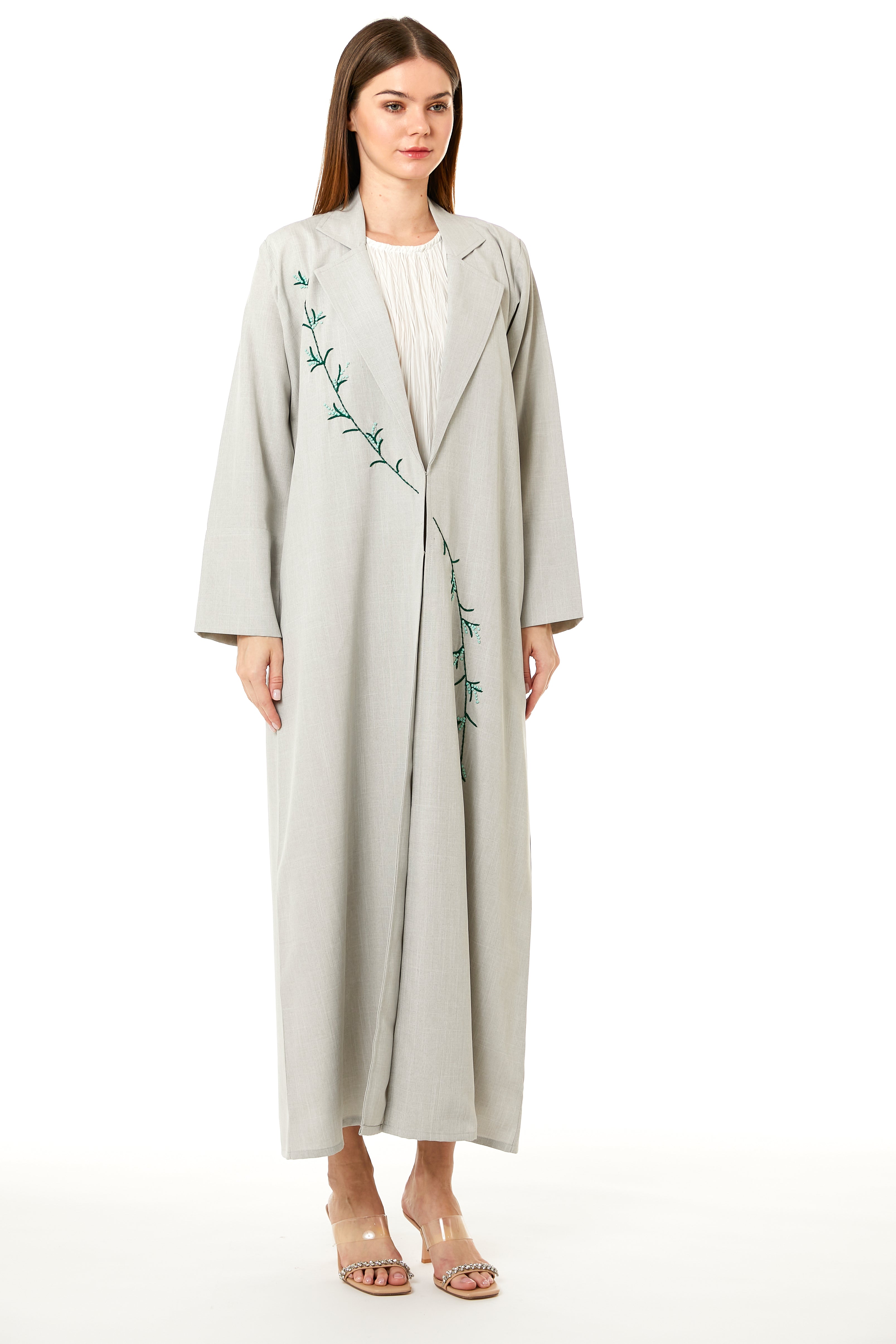 Beige Linen Embroidered Abaya