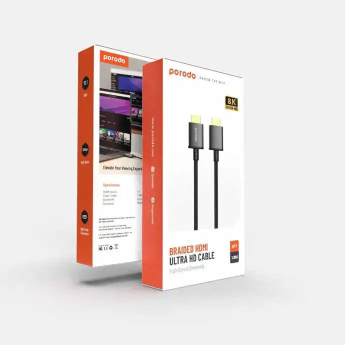 Porodo 8K HDMI to HDMI Cable with Dynamic HDR, 18Gbps, Gold-Plated Connectors, Black