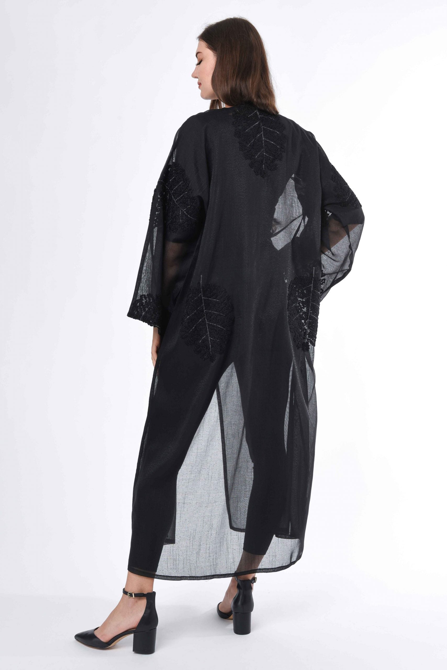 MOiSTREET Black see through Abaya with Hand Embroidery Detail