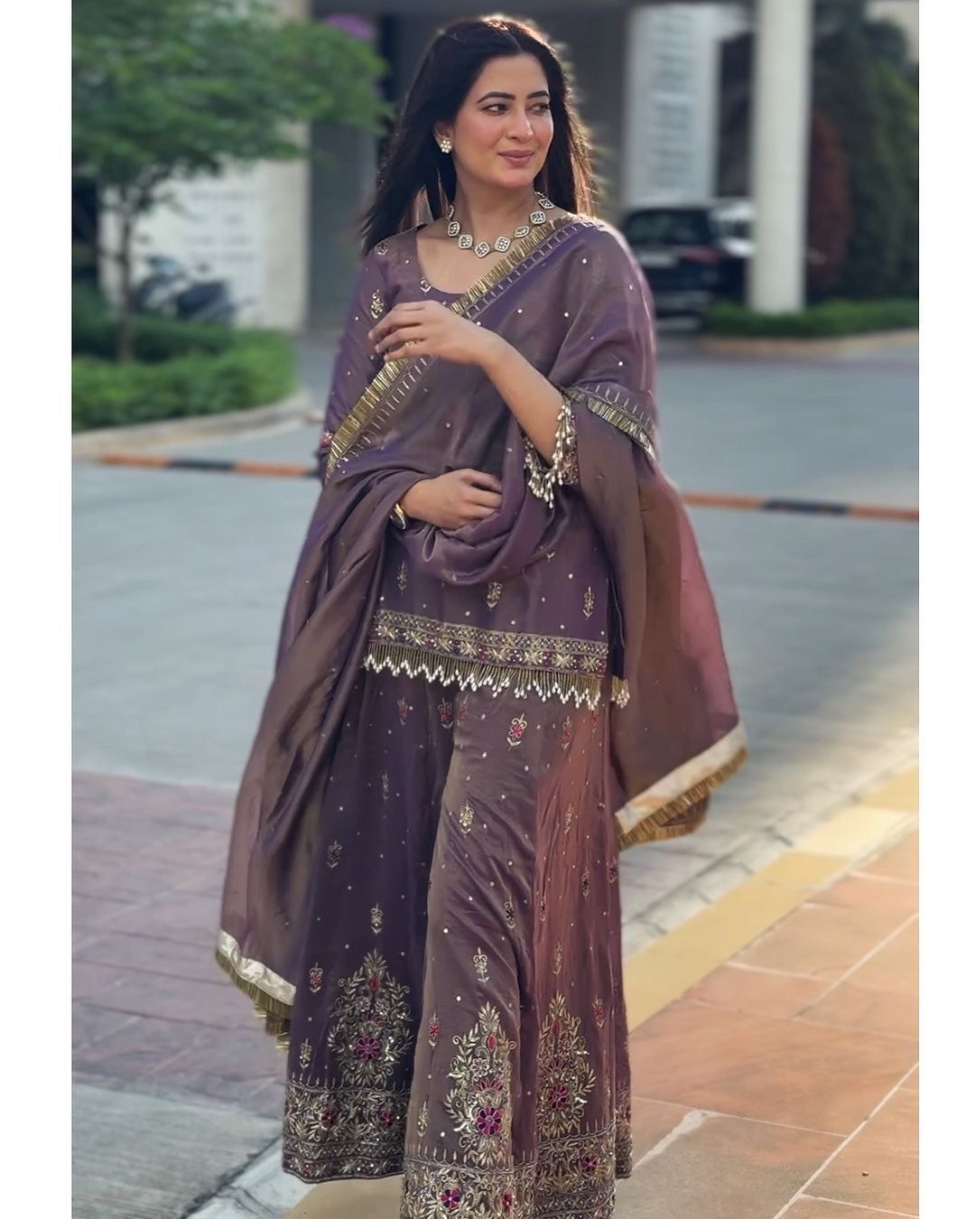 Fab Zone Women’s Designer Gold Net Embroidered Top Plazzo Set with Dupatta