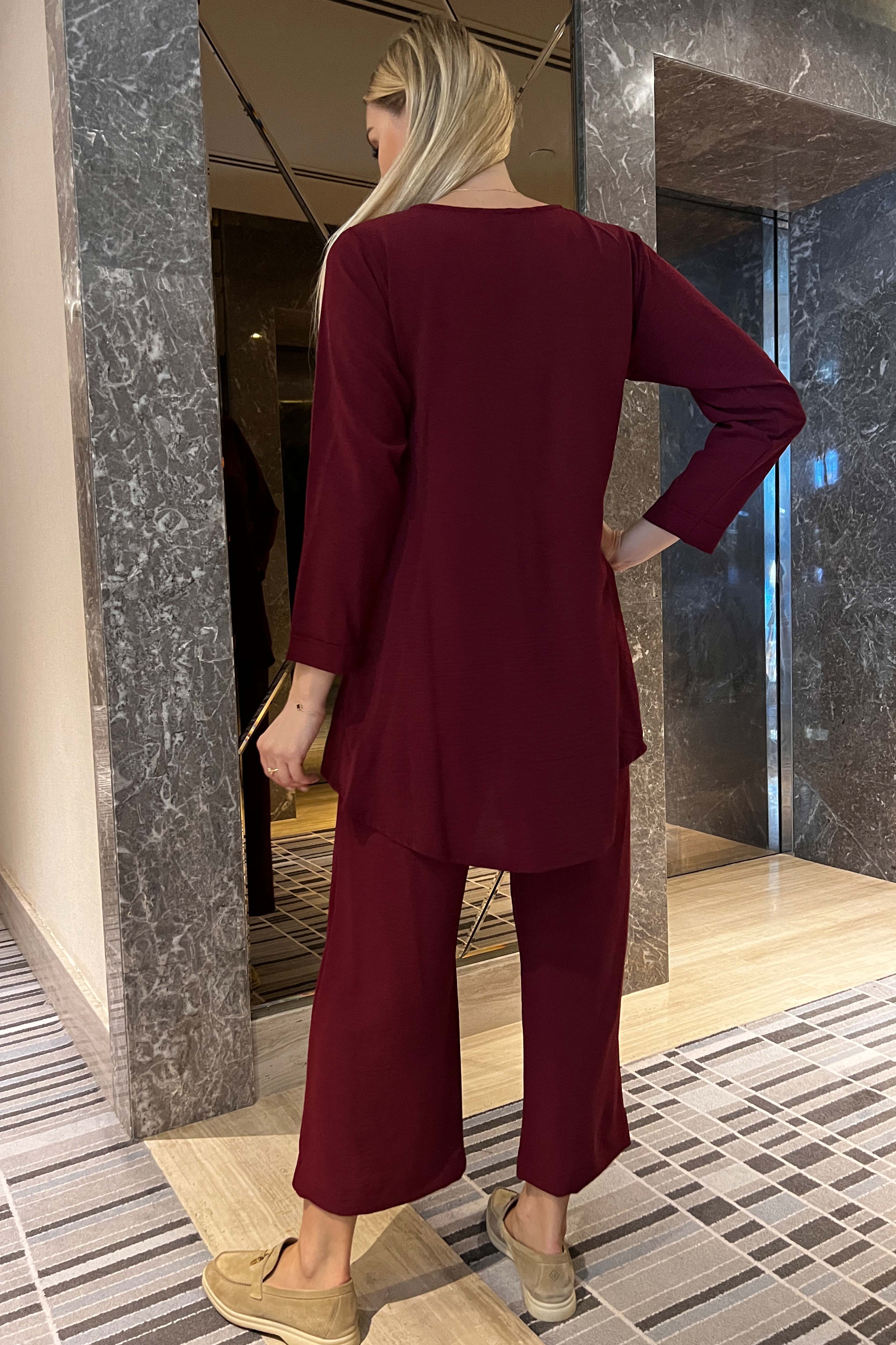 MOiSTREET Maroon CEY Fabric Top And Pants Set