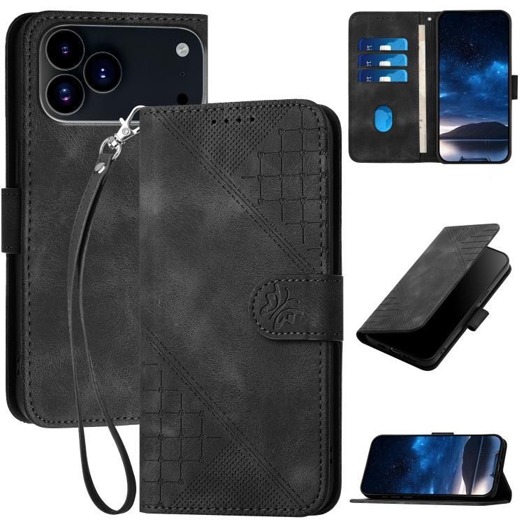 For iPhone 18 Pro Max / iPhone 17 Pro Max YX0080 Grid Butterfly Embossed Pattern Flip Leather Phone Case with Lanyard