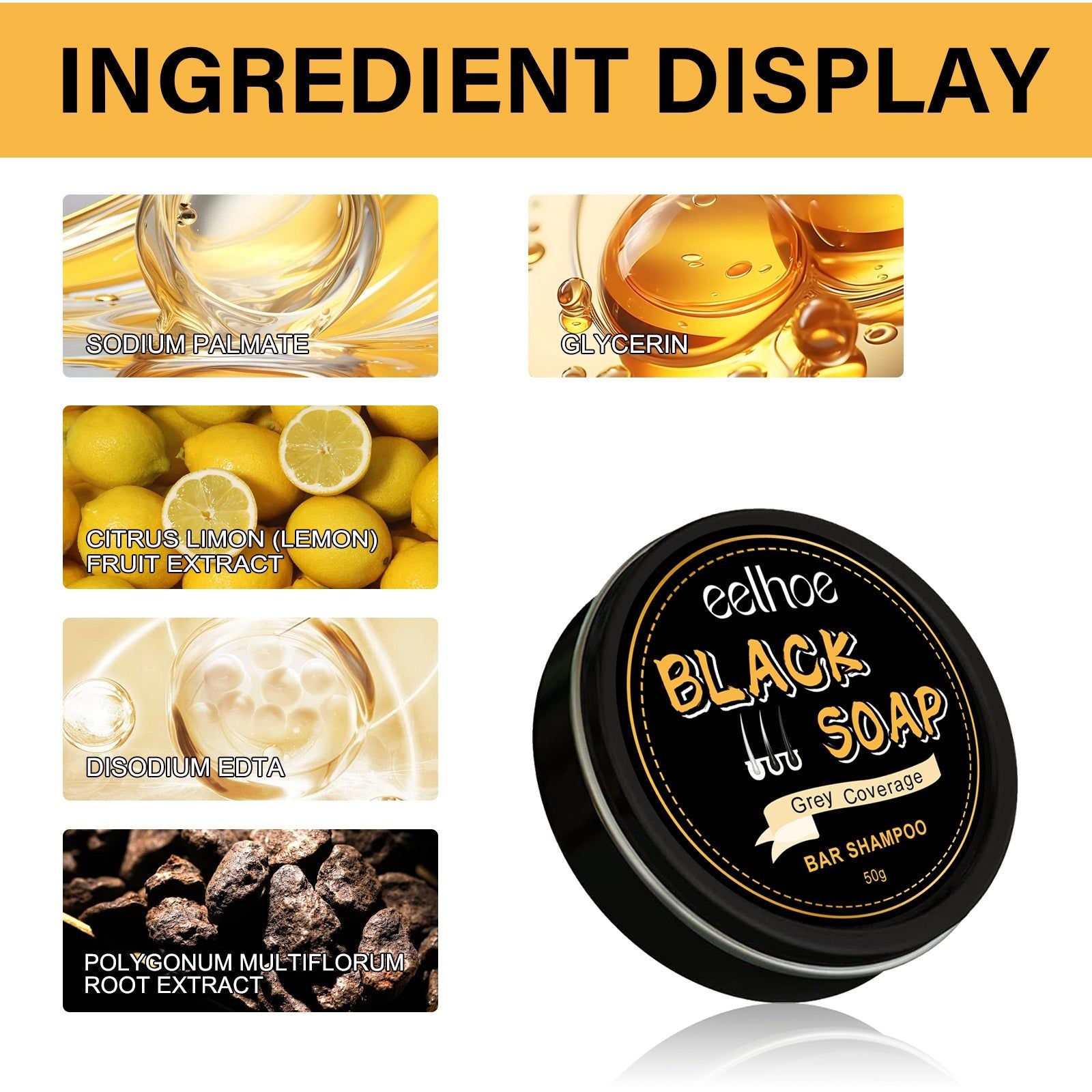 Black Hair Soap, Natural Gray Hair Remover, Moisturizing & Refreshing Shampoo ,50g