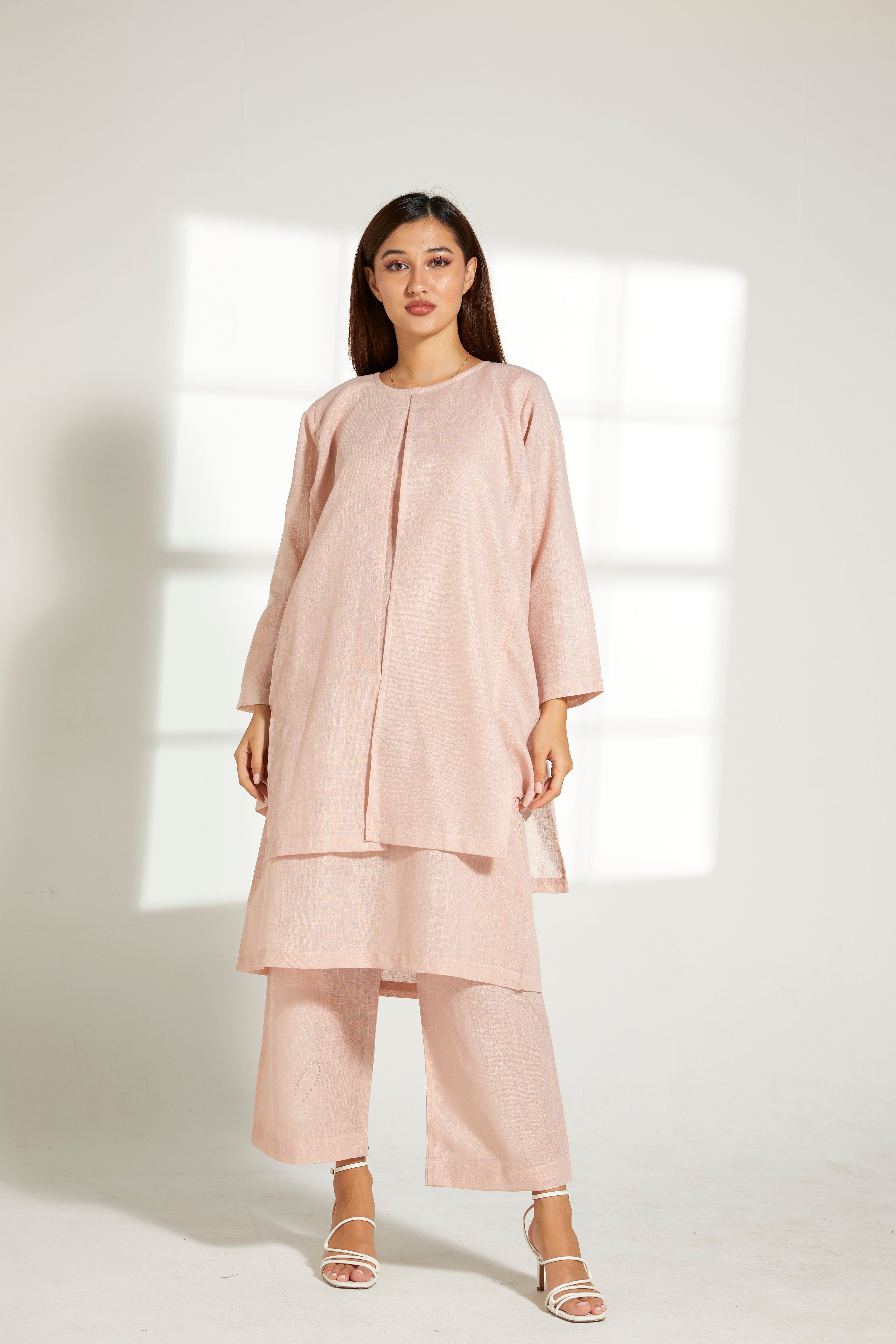 MOiSTREET Peach Linen Fabric Top and Pants Set