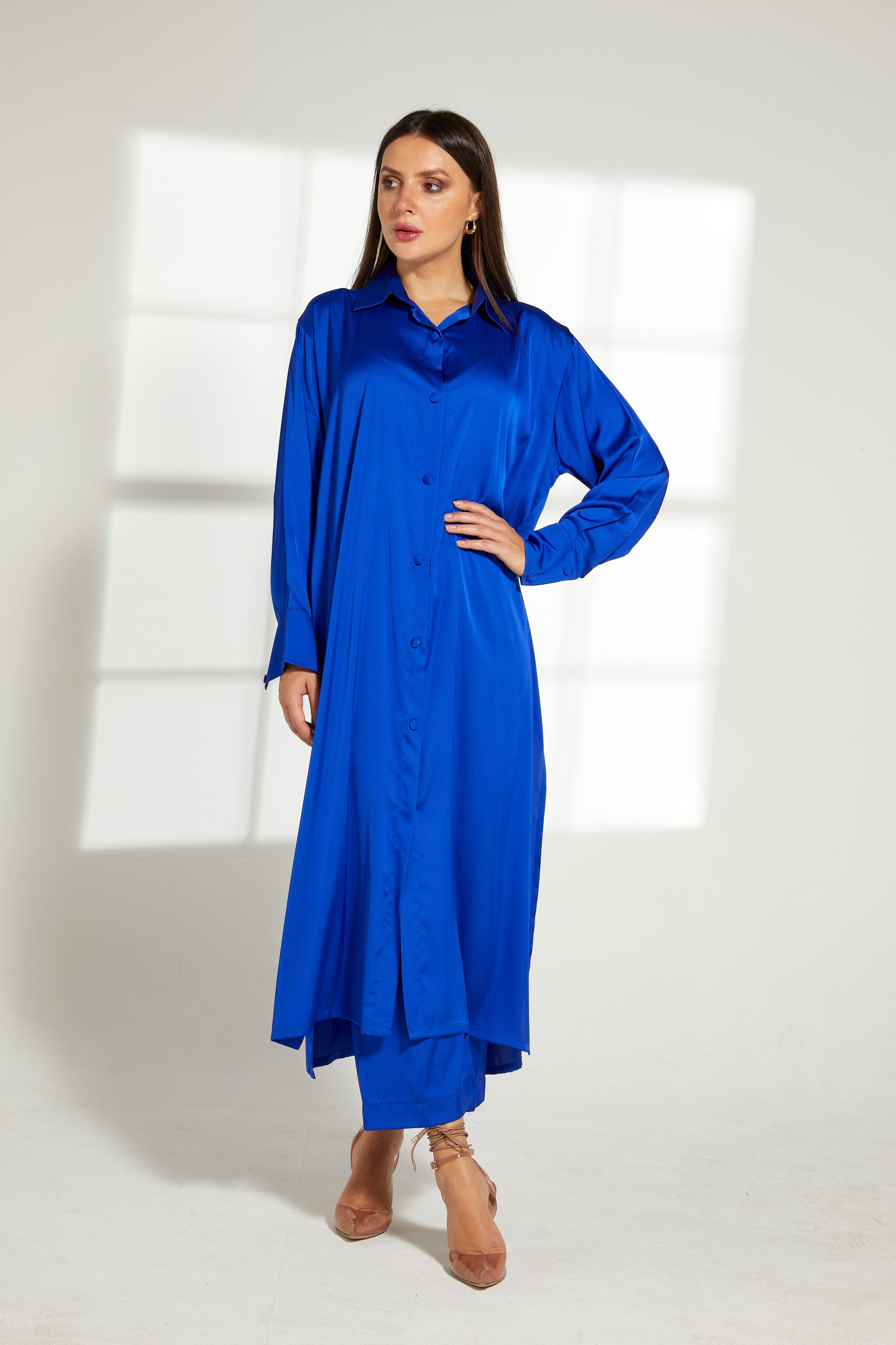 MOiSTREET Blue Silk Fabric Top and Pants Set
