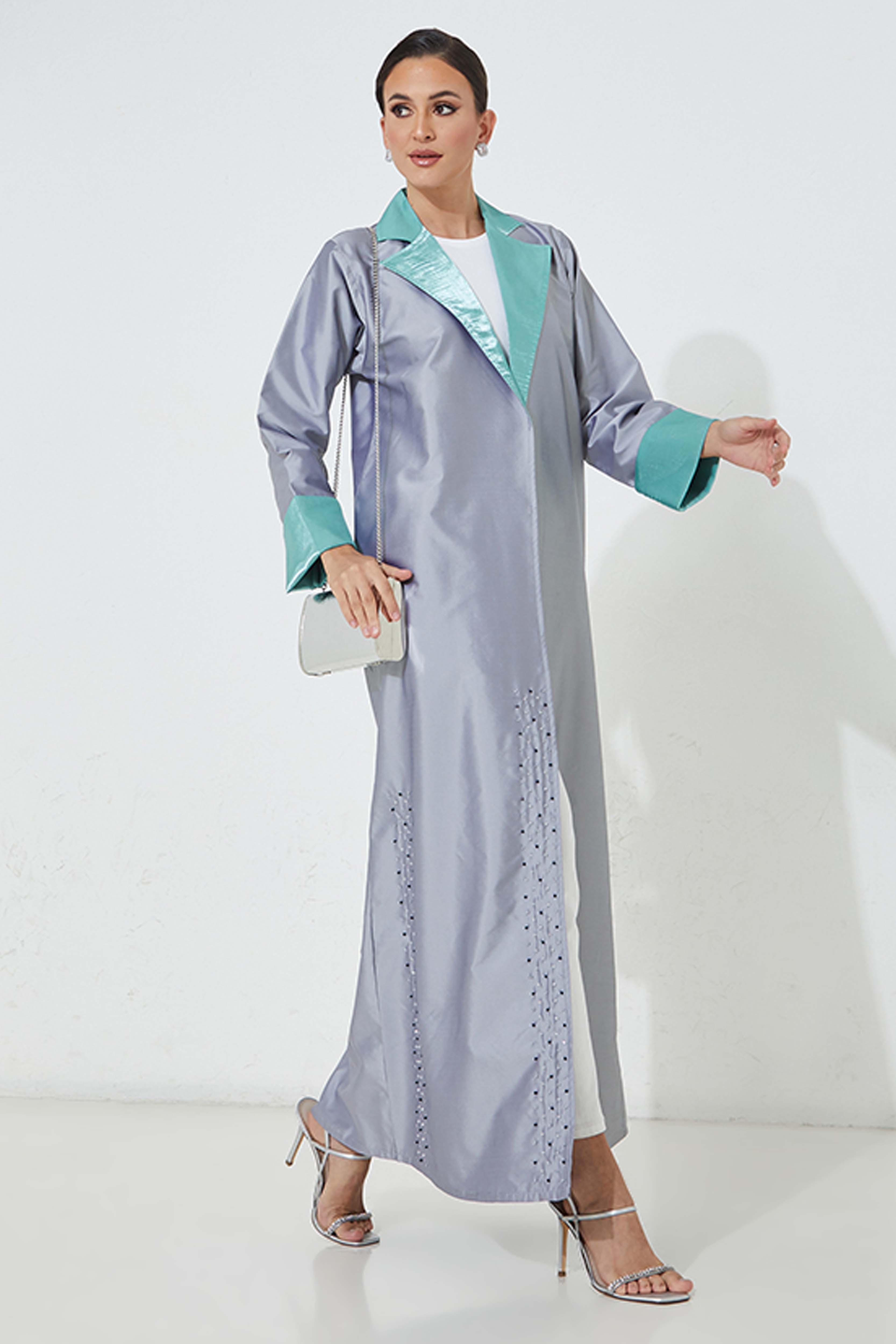 MOiSTREET Grey Victoria Satin Abaya With Handwork