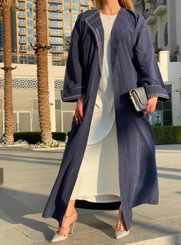 MOiSTREET Blue Shamoua Coat Style Abaya with Thread Handwork