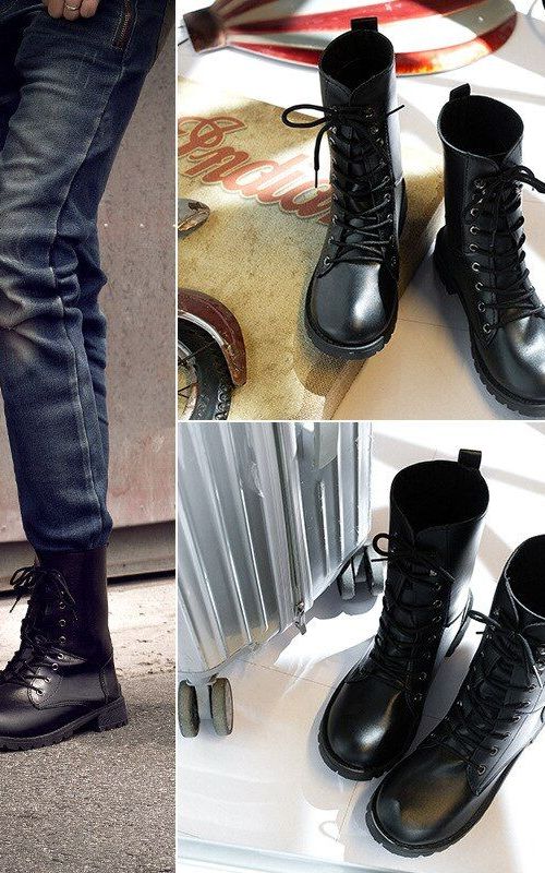 Lace Up Pu Leather Boots Women Block Heel Mid Calf Shoes Gothic Punk Low Heel Ankle Boots