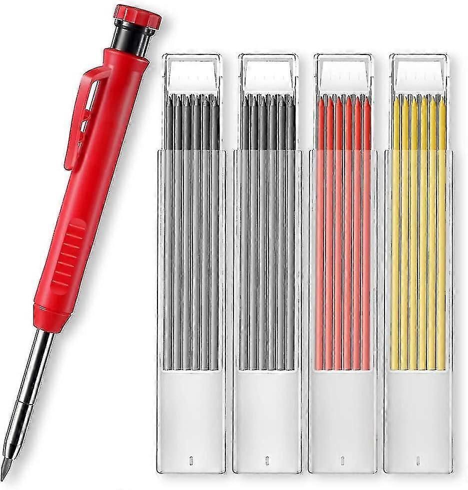 Deep Hole Marker Pencil with 24 Leads - Carpenter/Drill Marking Tool with Built-In Sharpener for Woodworking & Construction