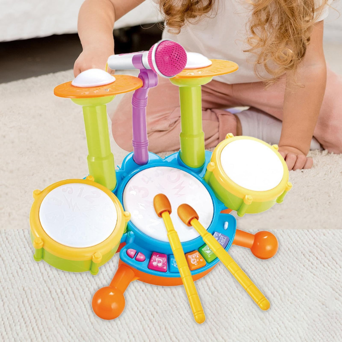 Montessori Children Drum Set with Drumsticks Microphone Kids Birthday Gifts