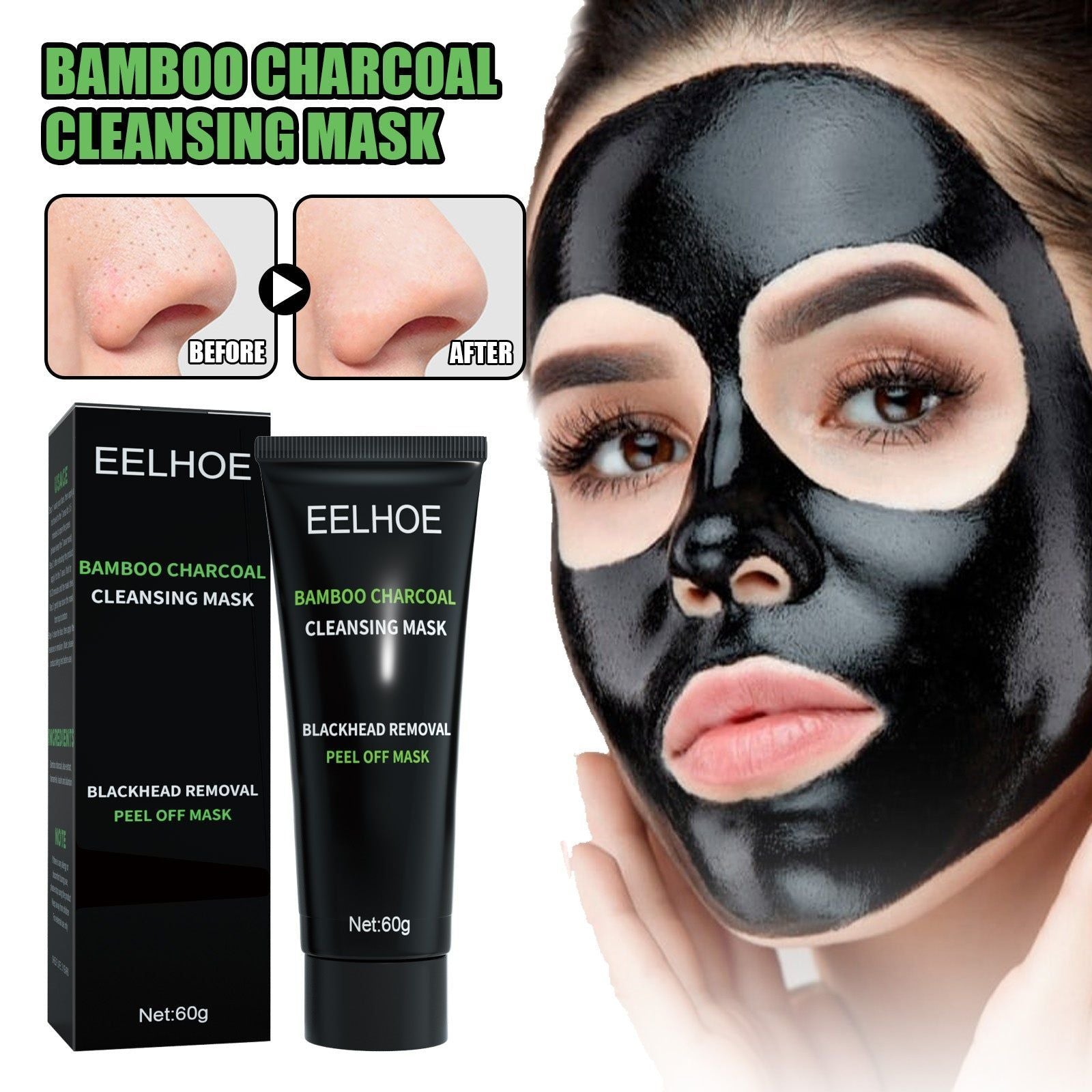Bamboo Charcoal Blackhead Mask, Deep Pore Cleanse, Oil Control, Clear Skin ,60g